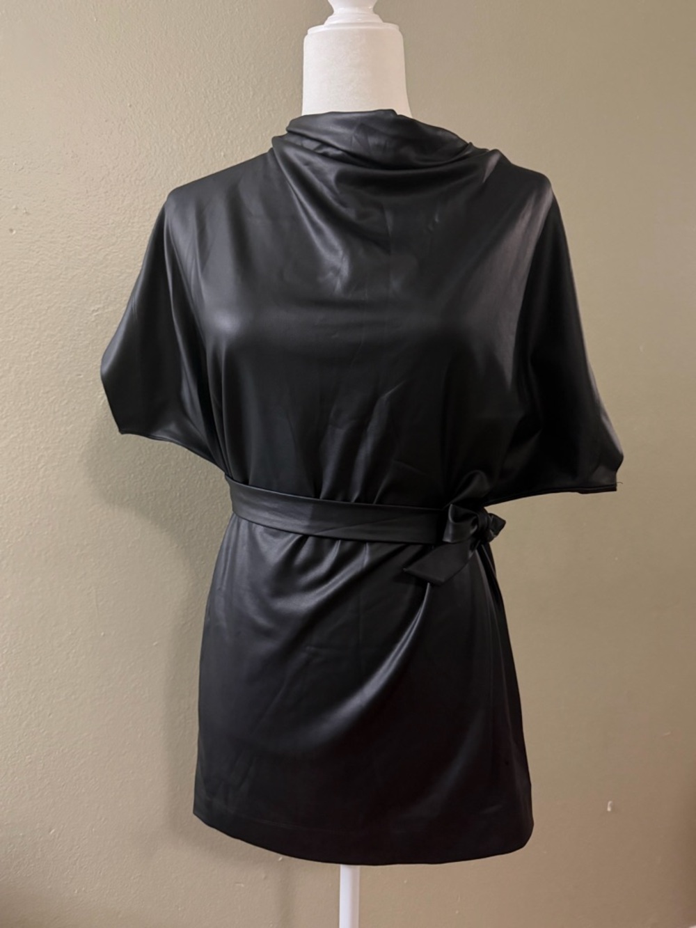 Clara Sun Woo Black Liquid Leather Belted Tunic Top Size Large
